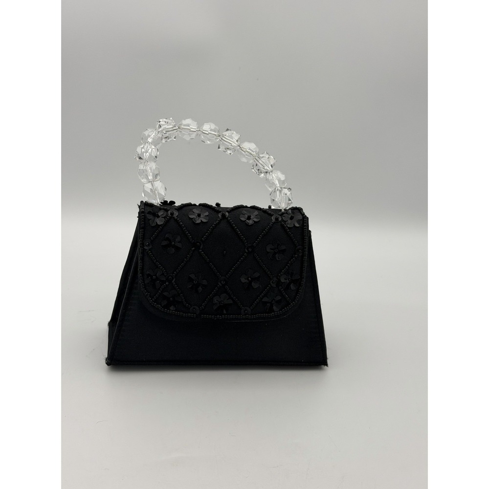 Kids Beaded Evening Purse Black Satin Clear Acrylic Handle Formal Party Bag
